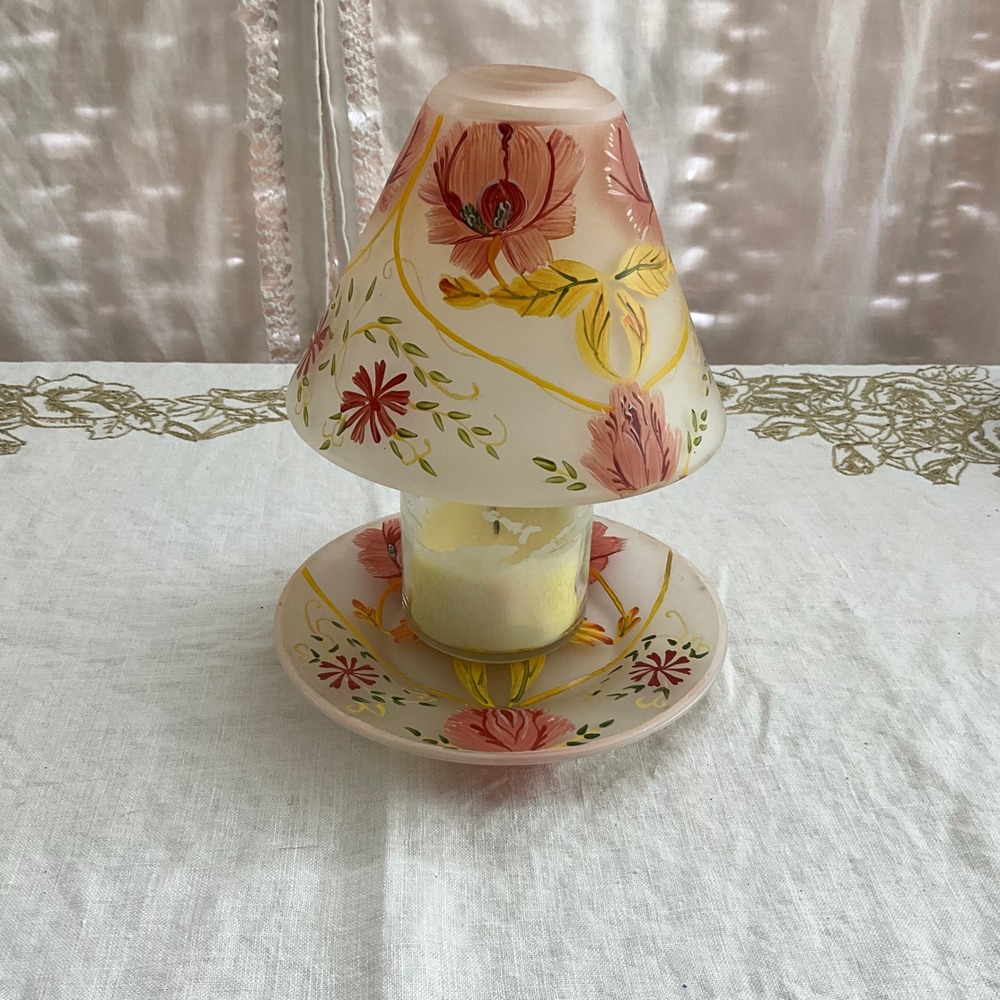 Vintage Yankee Candle Hand Painted Floral Shade Plate Set Pink Poppy Fairy Lamp - Picture 3 of 8